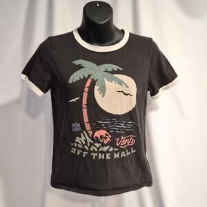 Vans Off The Wall Ringer Tee Faded Black Skull Palm Tree Graphic Shirt Small